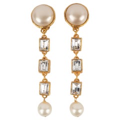 Vintage Chanel Golden Metal Clip-on Earrings with Pearly Cabochons and Swarovski, 1990s