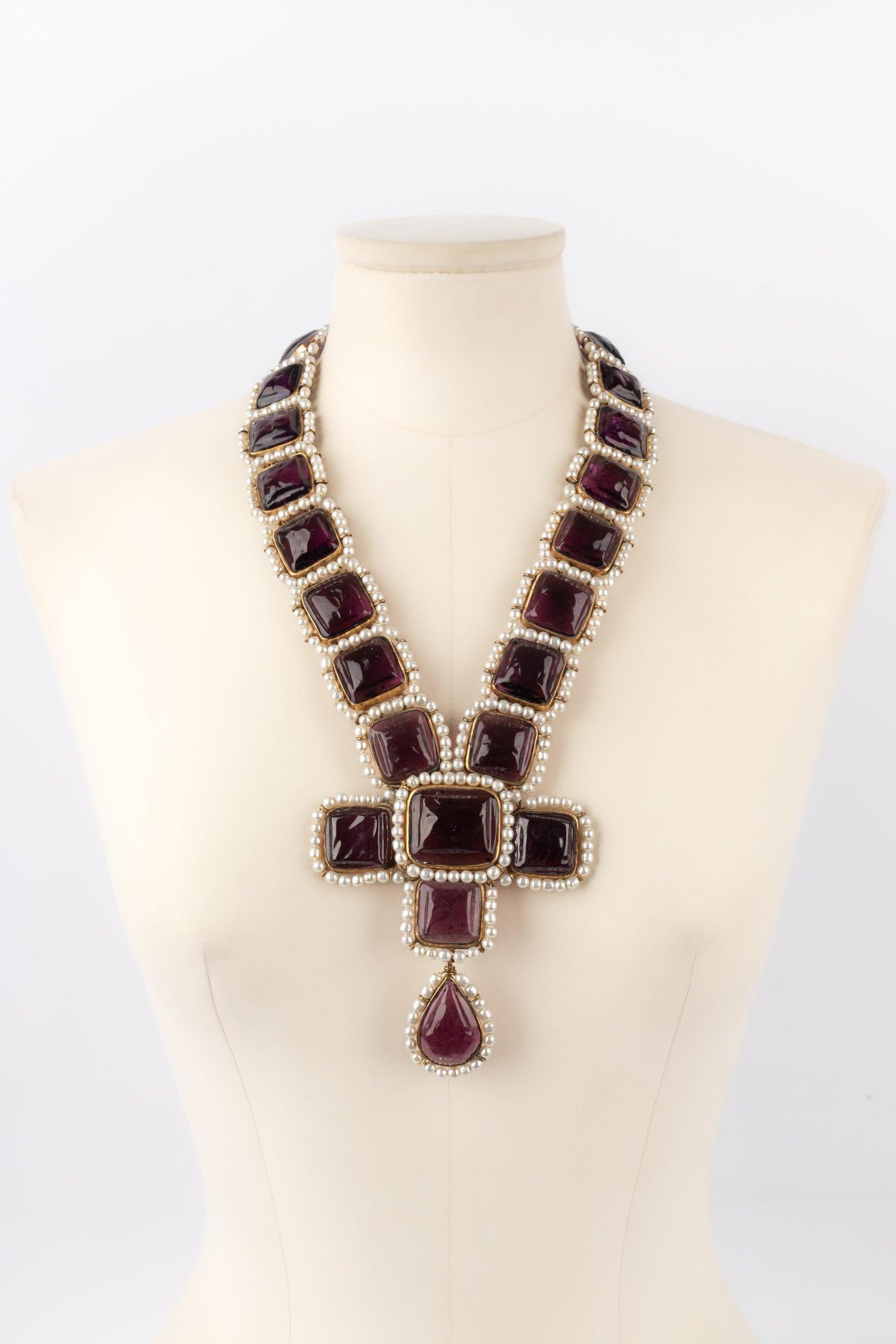 Chanel Golden Metal Cross Necklace with Glass Paste and Costume Pearls, 1930s 1