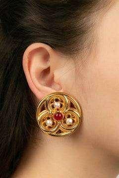 Chanel Golden Metal Earrings, Pearls and Red Glass Paste Cabochons, Fall 1989