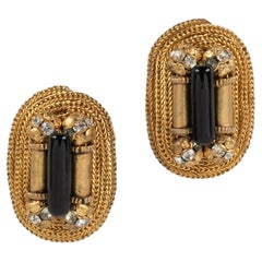 Vintage Chanel Golden Metal Earrings with Central Black Glass Paste by Rousselet