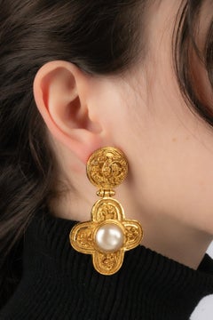 Chanel Golden Metal Earrings with Costume Pearly Cabochons, 1994