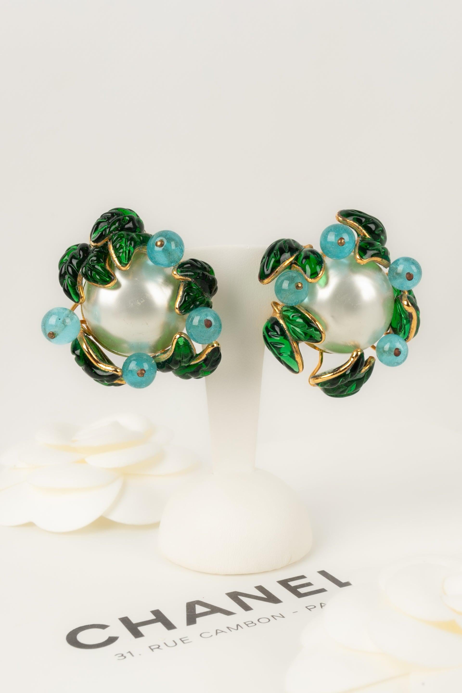 Chanel Golden Metal Earrings with Glass Paste and Pearly Cabochons 2