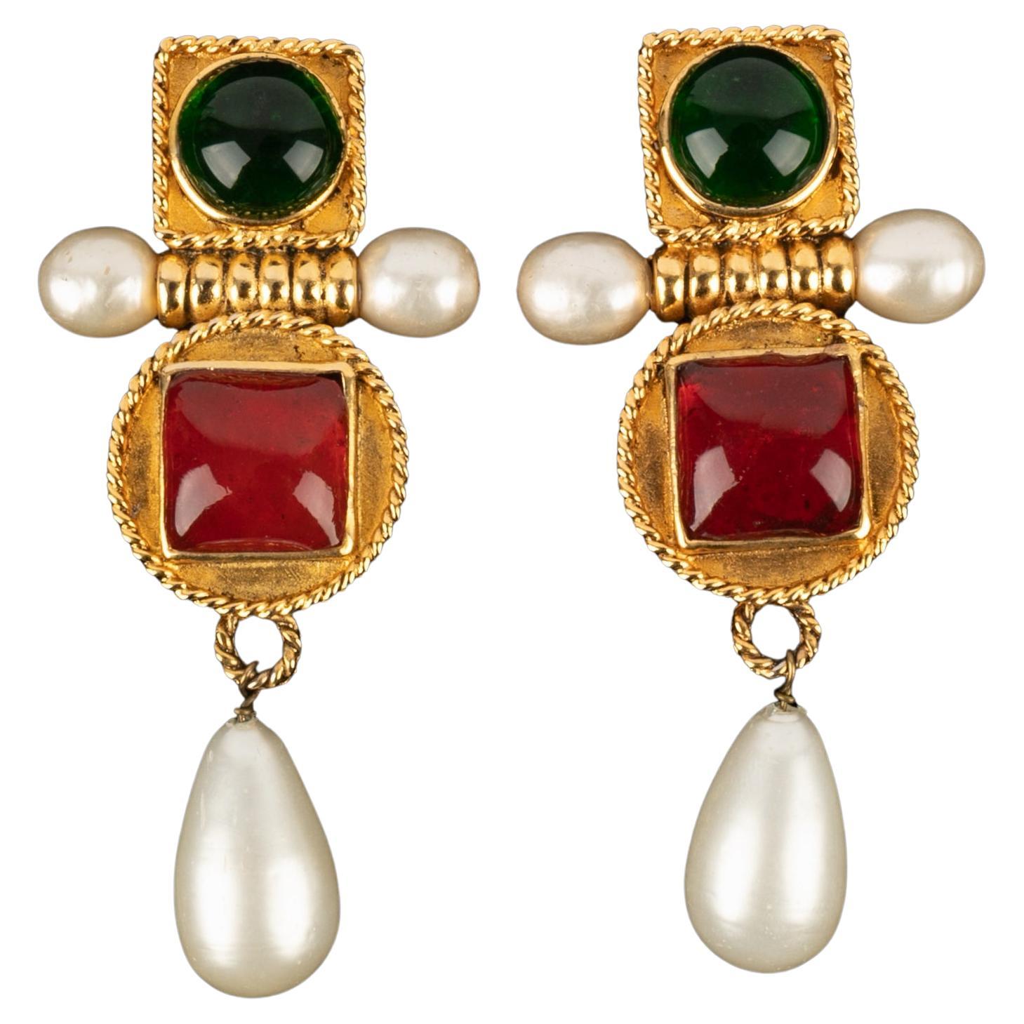 Chanel Golden Metal Earrings with Glass Paste and Pearly Drops, 1990 For Sale
