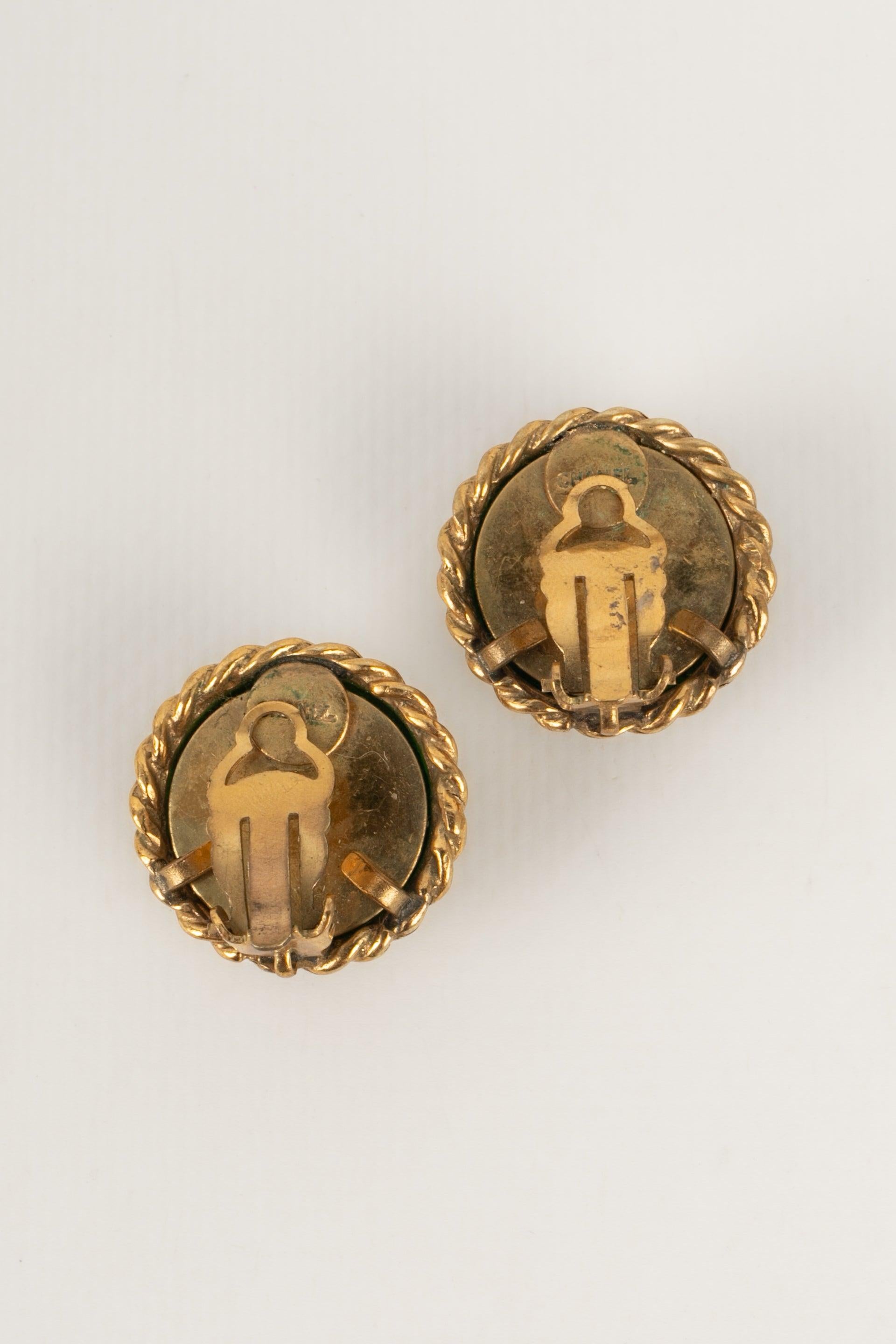 Chanel Golden Metal Earrings with Glass paste Cabochons For Sale 3