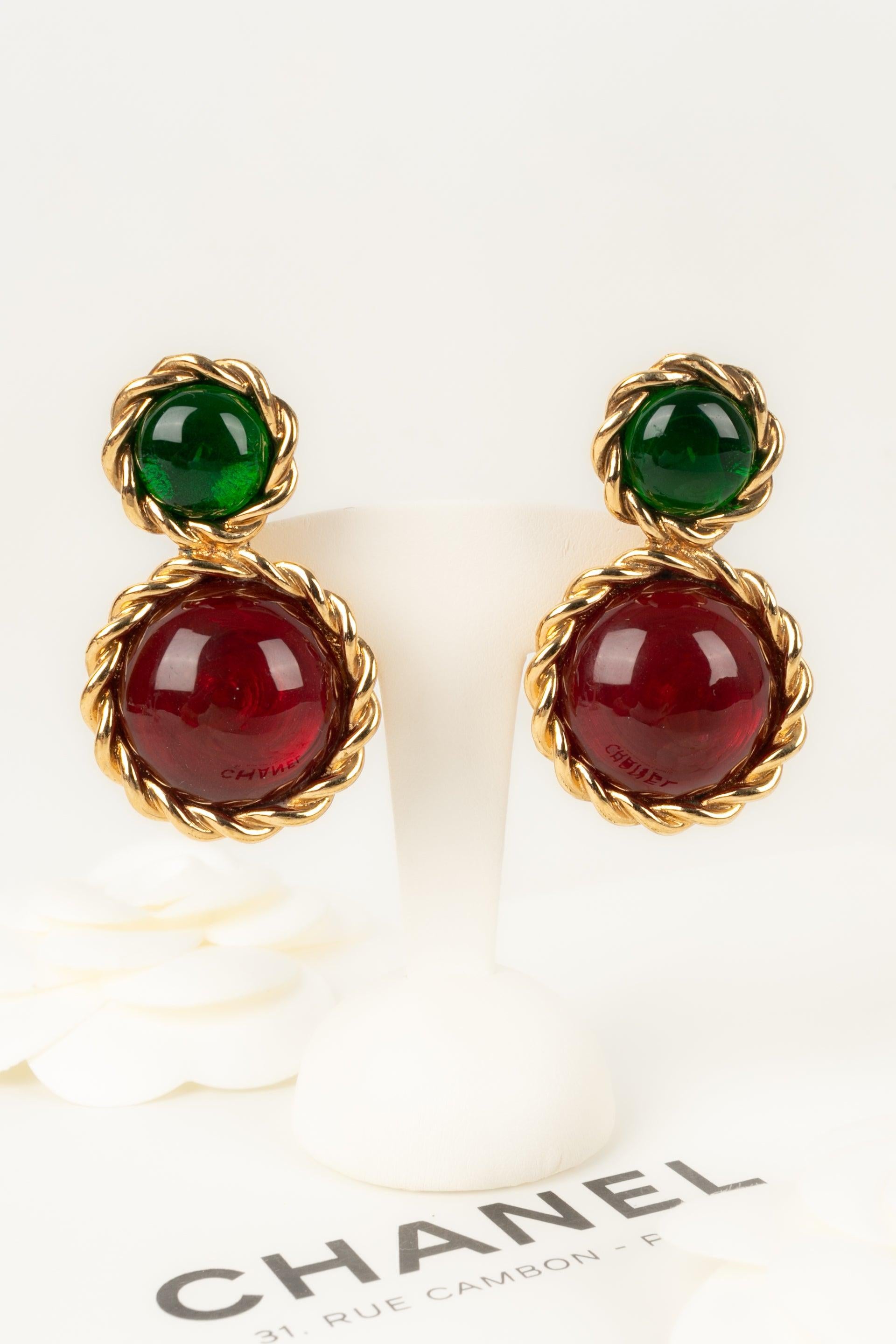 Chanel Golden Metal Earrings with Glass-Paste Cabochons For Sale 3
