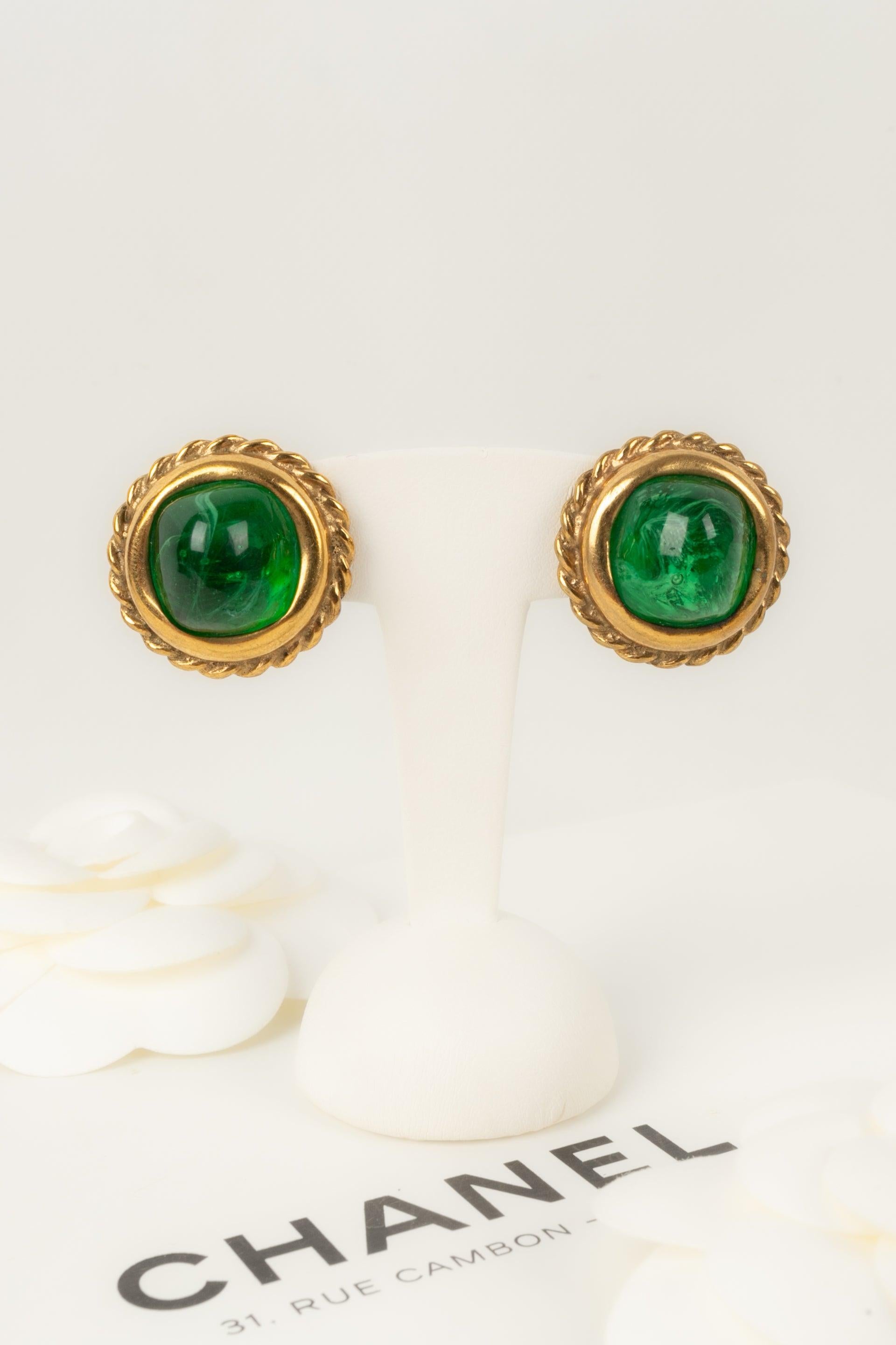 Chanel Golden Metal Earrings with Glass paste Cabochons For Sale 4