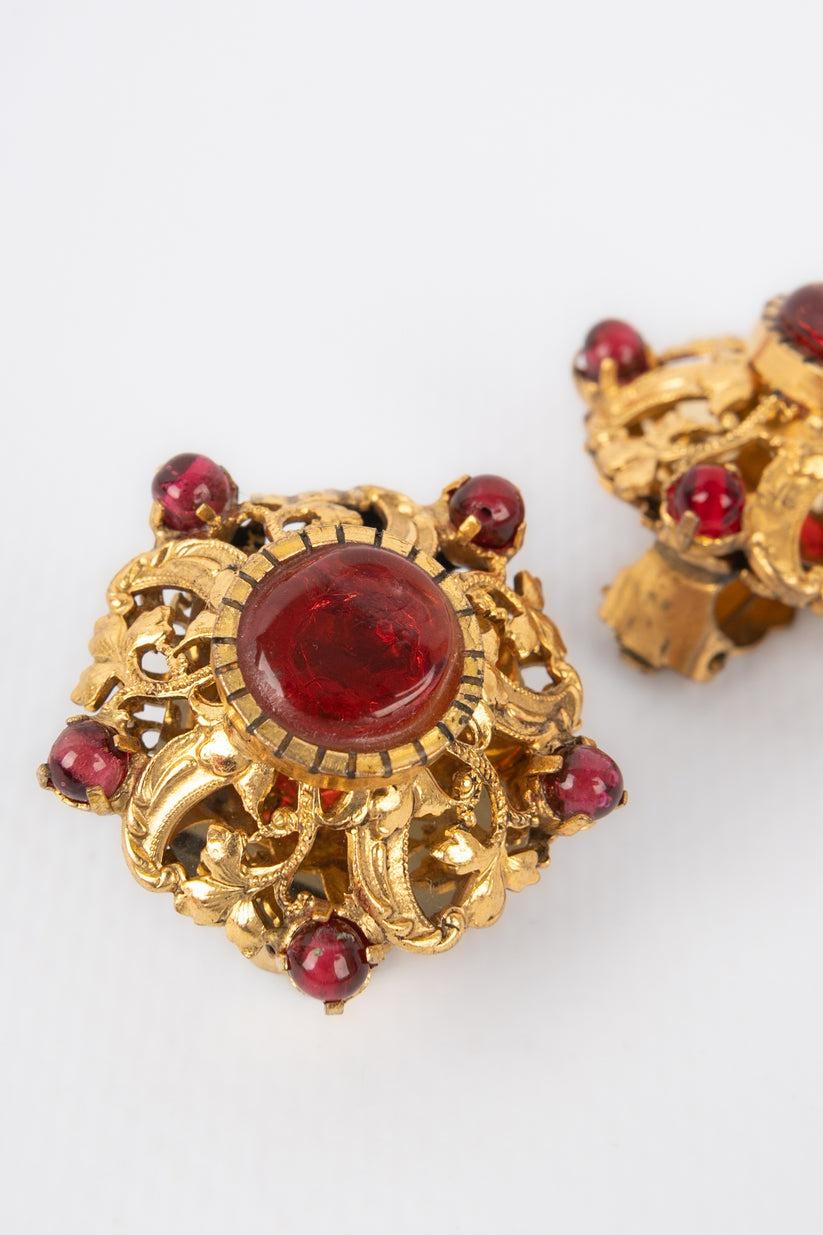 Women's Chanel Golden Metal Earrings with Red Glass Paste