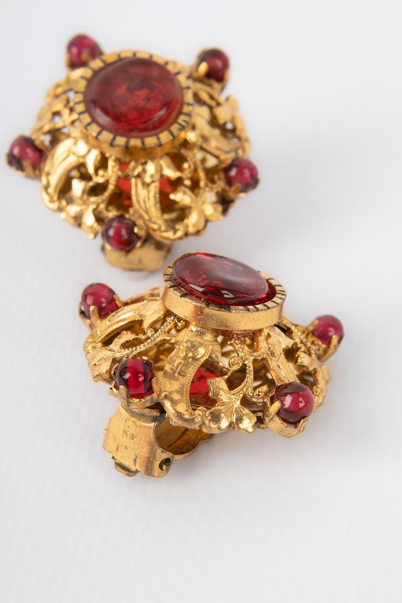 Chanel Golden Metal Earrings with Red Glass Paste 1