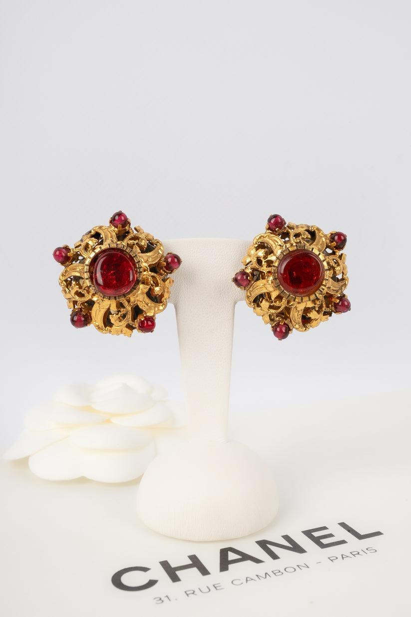 Chanel Golden Metal Earrings with Red Glass Paste 3