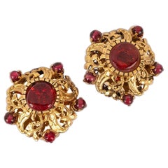 Chanel Golden Metal Earrings with Red Glass Paste