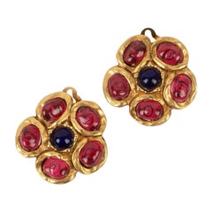 Chanel Golden Metal Flower Earrings with Glass Paste, 1980s