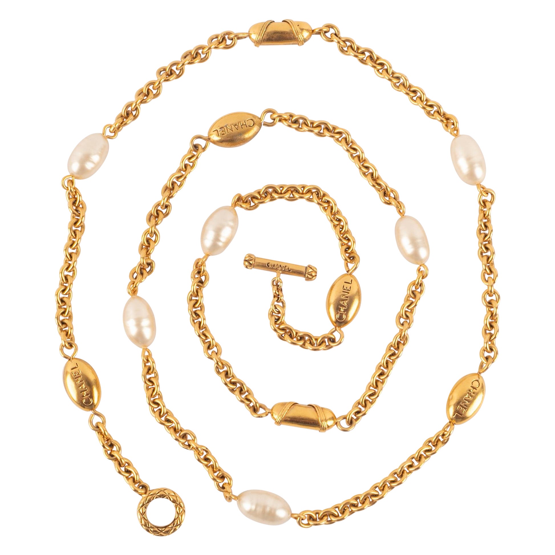 Chanel Golden Metal Necklace with Costume Pearls, 1990s