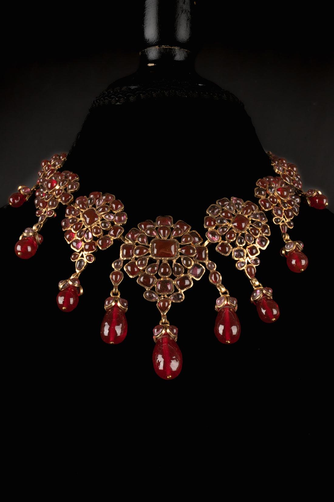 Chanel Golden Metal Necklace with Red Glass Paste, 1980s For Sale 1