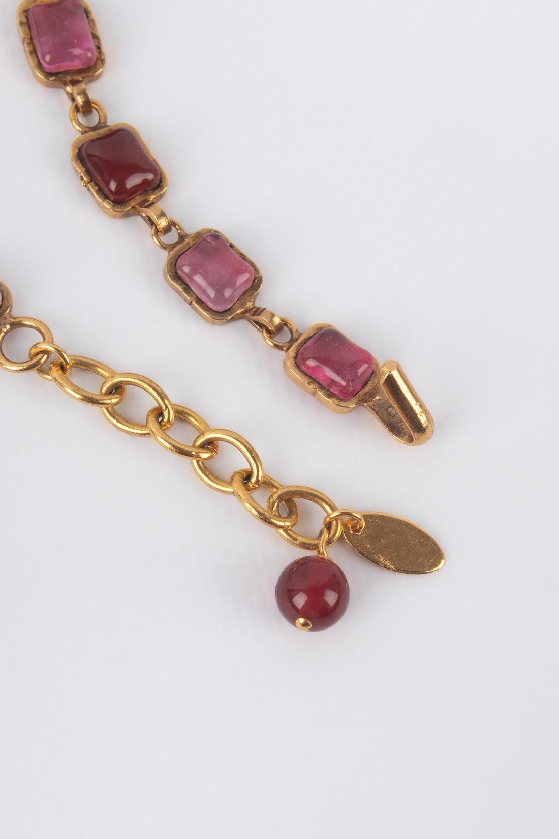 Chanel Golden Metal Necklace with Red Glass Paste, 1980s For Sale 5