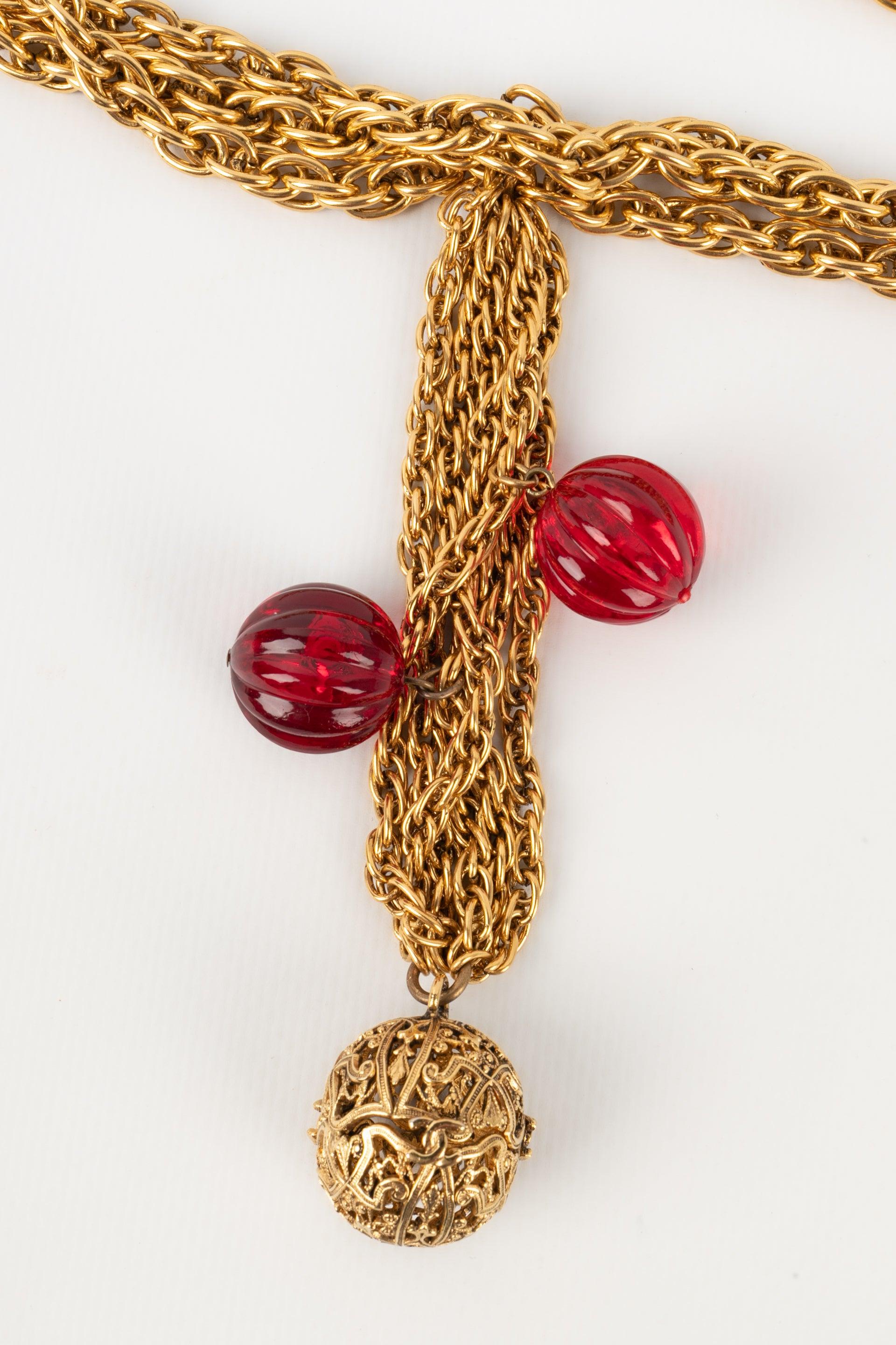 Women's Chanel Golden Metal Necklace with Red Pearls, 1984 For Sale