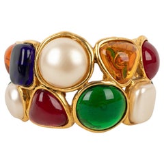 Vintage Chanel Golden Metal Openwork Cuff Bracelet Ornamented with Glass Paste, 1990s