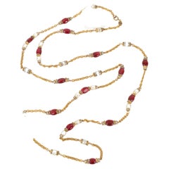 Chanel Golden Metal Sautoir / Necklace with Rhinestone, Pearly Beads & Glass
