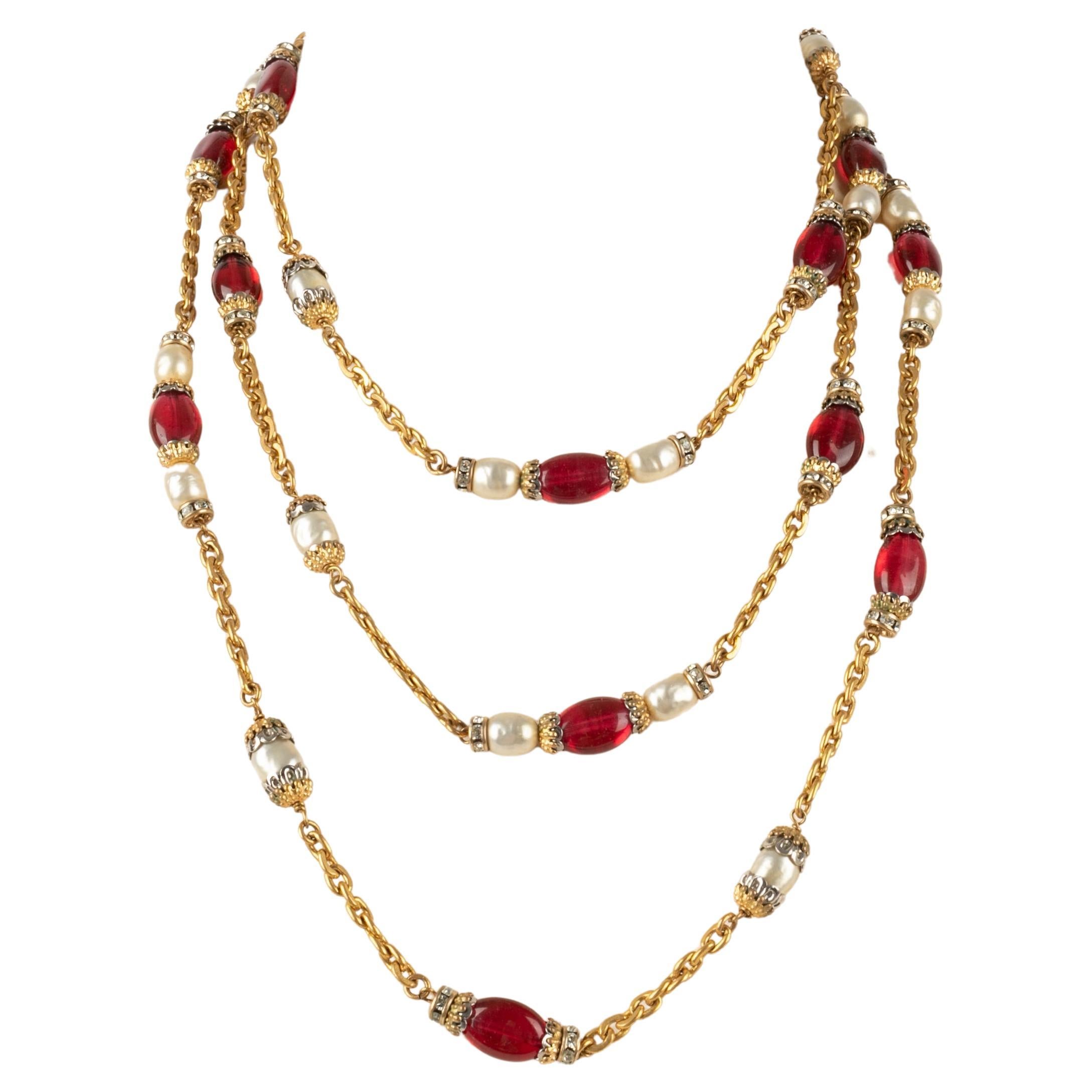 Chanel Golden Metal Sautoir / Necklace with Rhinestone, Pearly Beads & Glass  For Sale