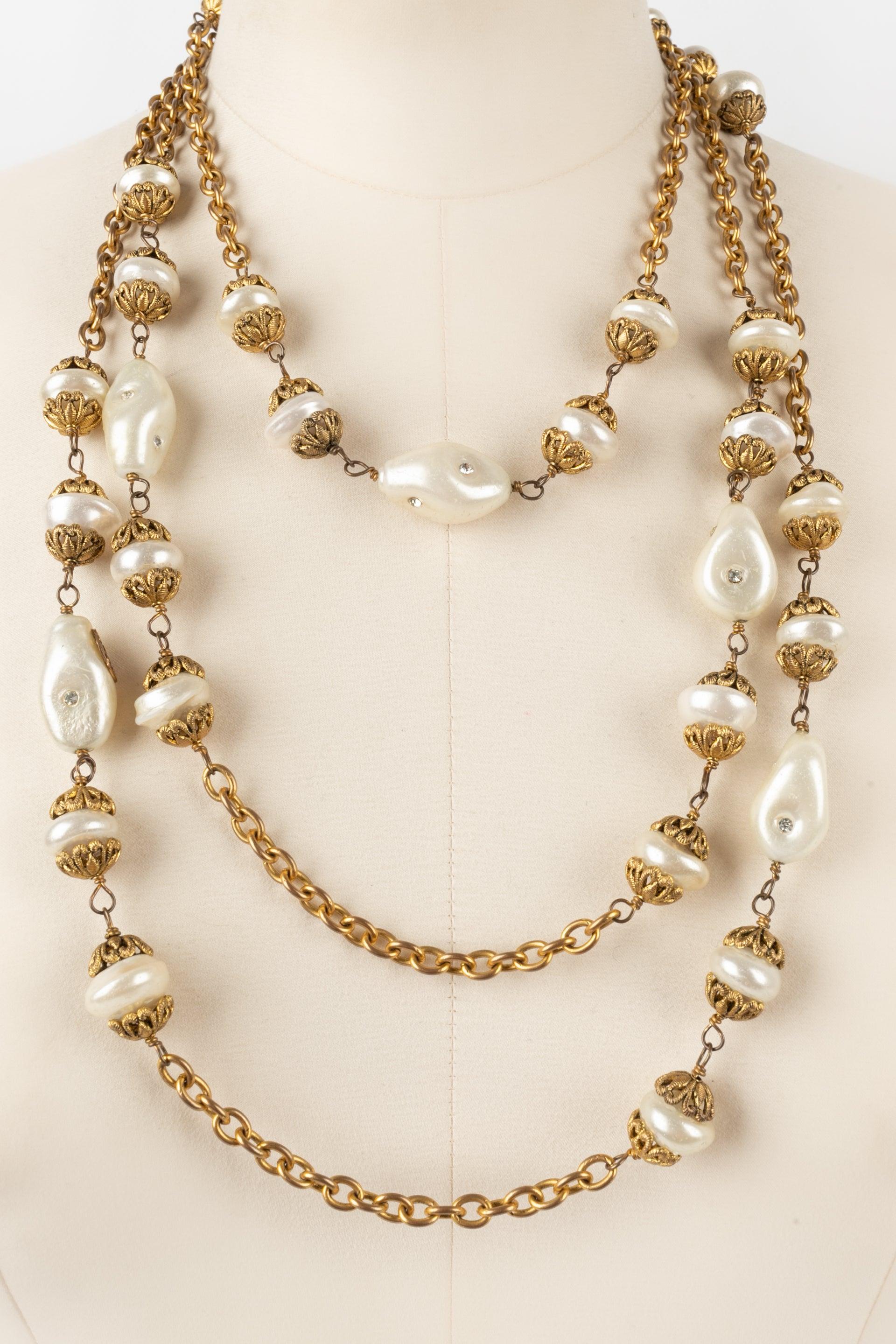 Women's Chanel Golden Metal Sautoir with Costume Pearls and Swarovski Rhinestones, 1984 For Sale