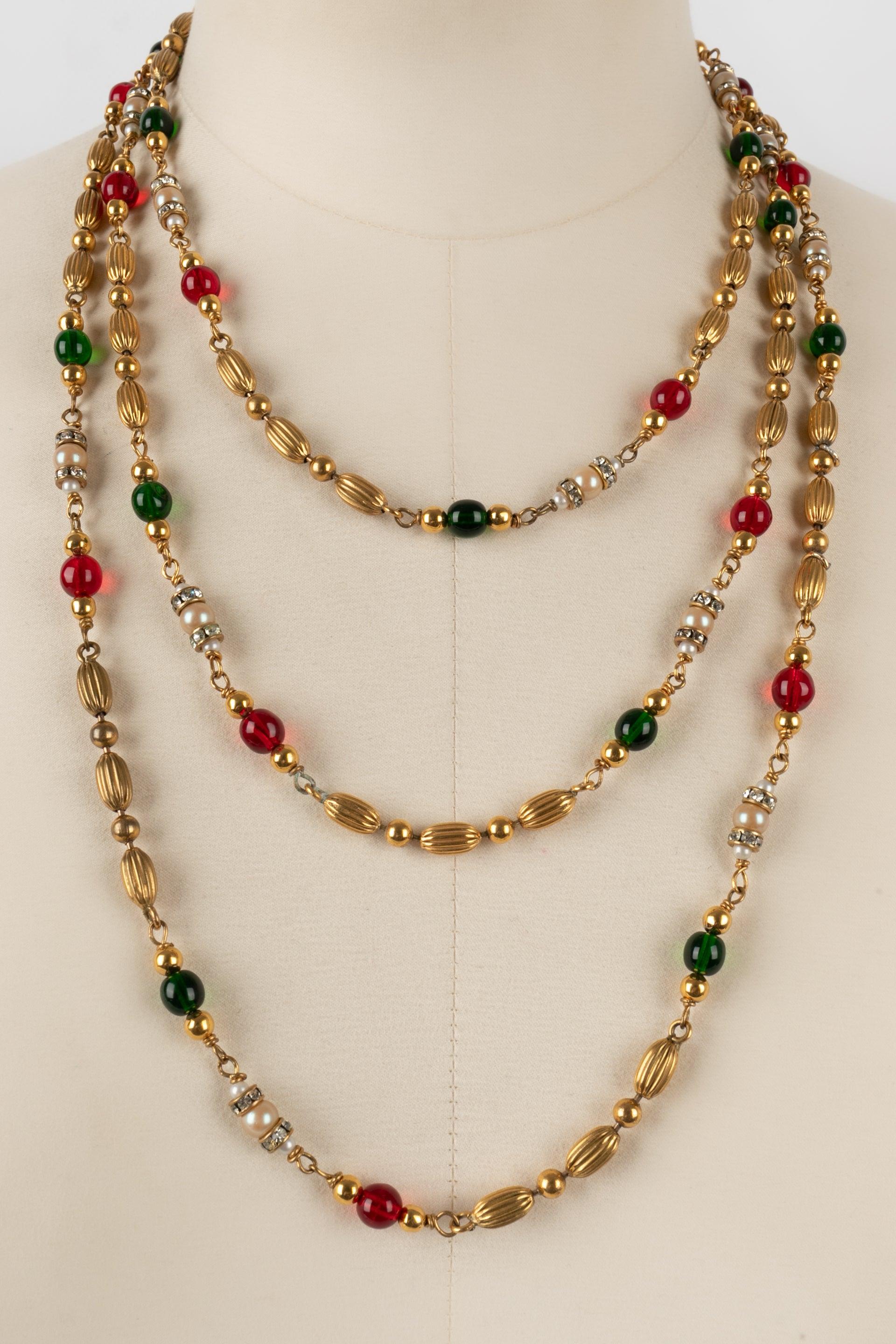 Women's Chanel Golden Metal Sautoir with Metallic & Glass Pearls, Rhinestones Necklace For Sale