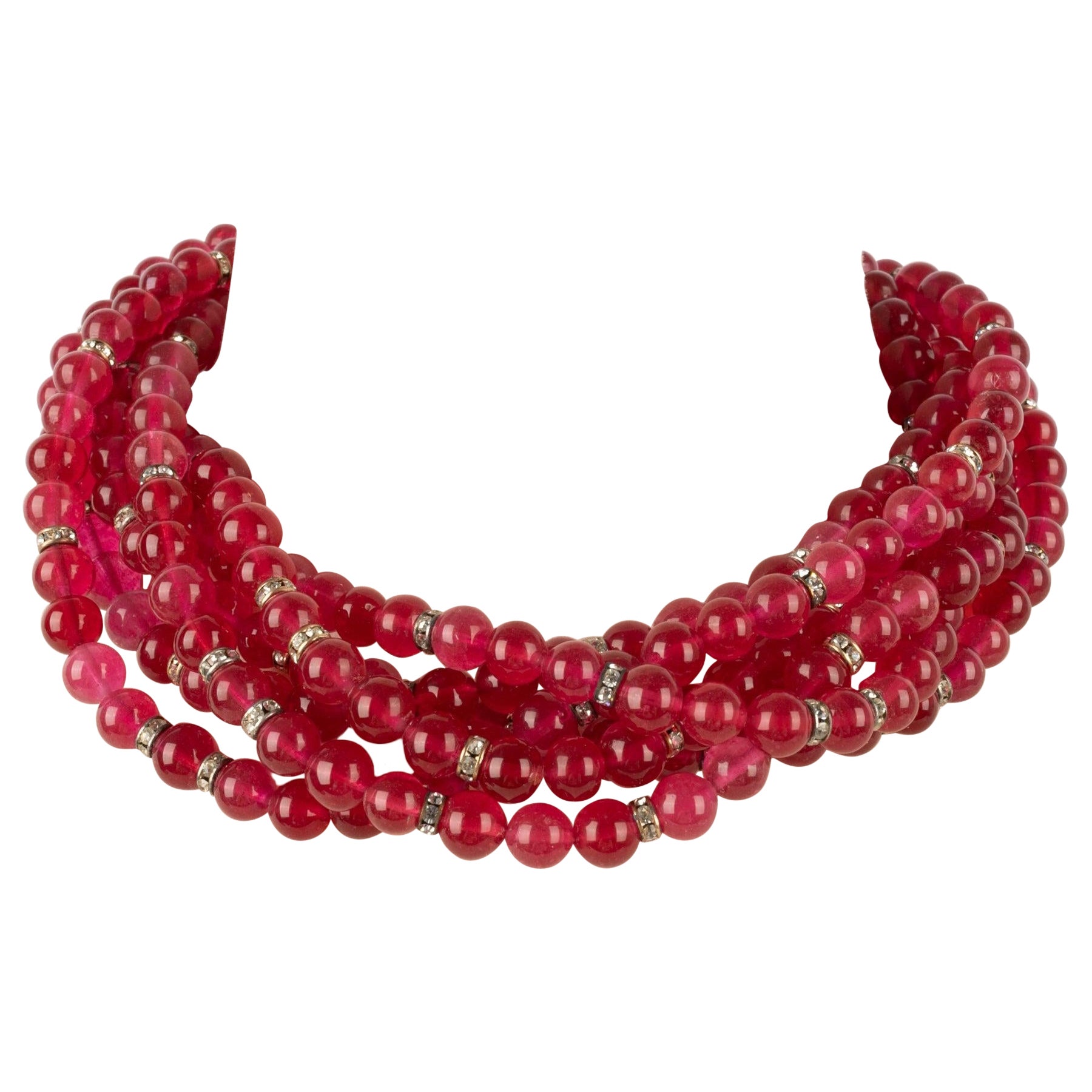 Chanel Golden Metal Short Necklace with Rhinestones and Glass Pearls, 1983