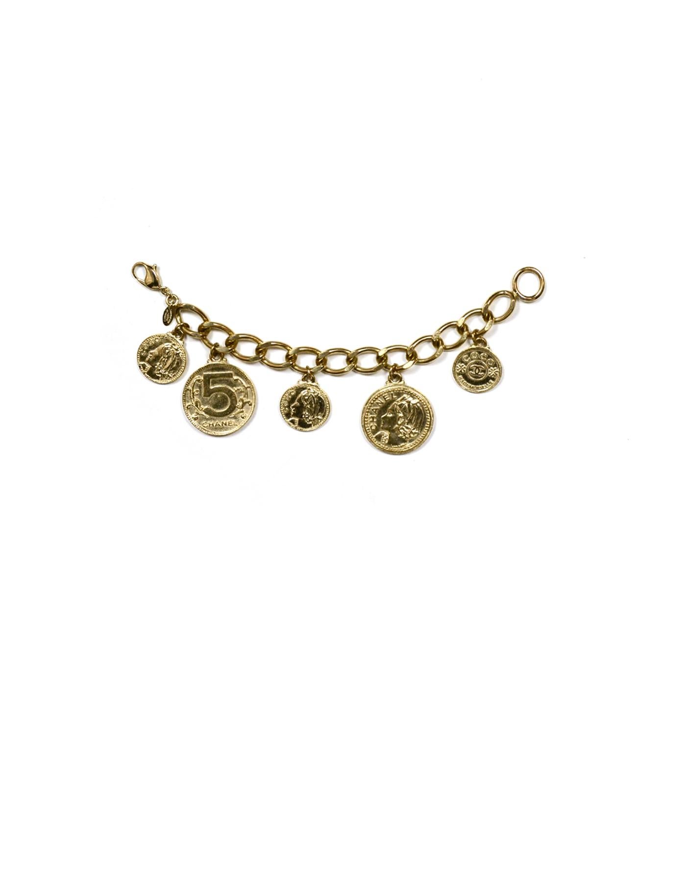 Chanel Goldtone Coco Coin CC Charm Chainlink Bracelet In Excellent Condition In New York, NY