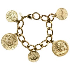 Chanel Goldtone Coco Coin CC Charm Chainlink Bracelet
