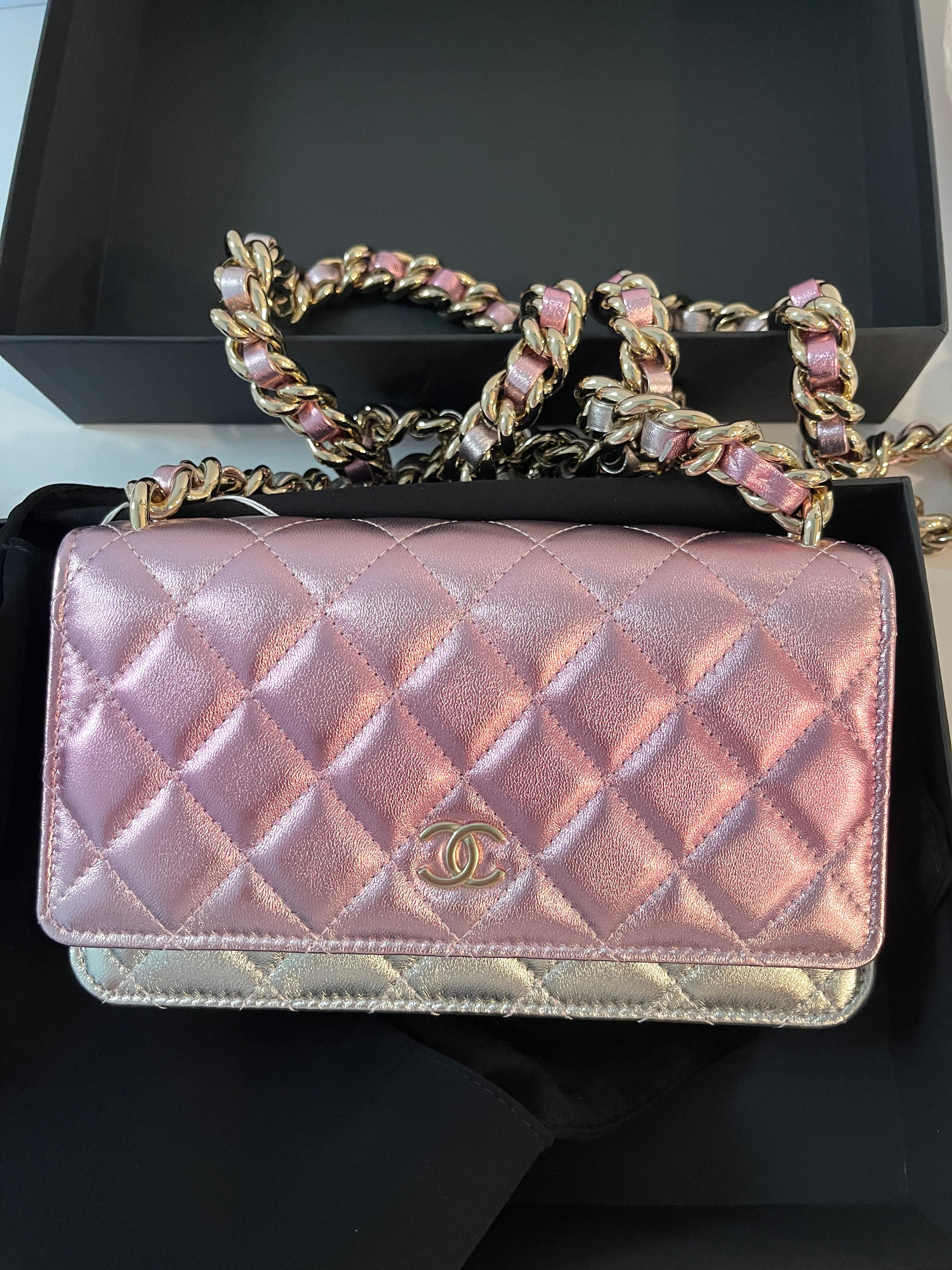 Brown CHANEL Gradient Metallic Golden Pink Iridescent Wallet On Chain Quilted