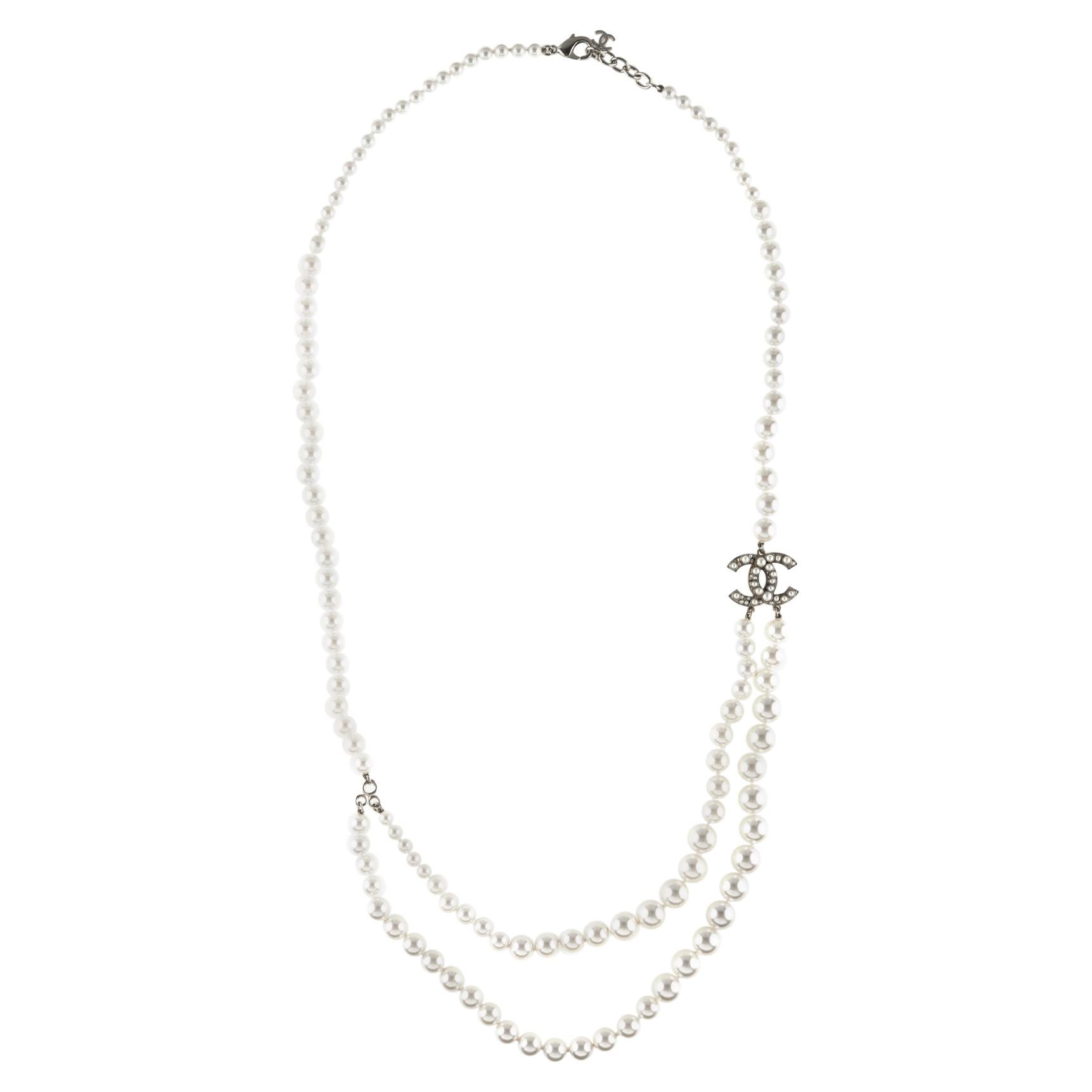 Chanel Graduated Faux Pearl Necklace CC Logo Long 35 Circa 2014