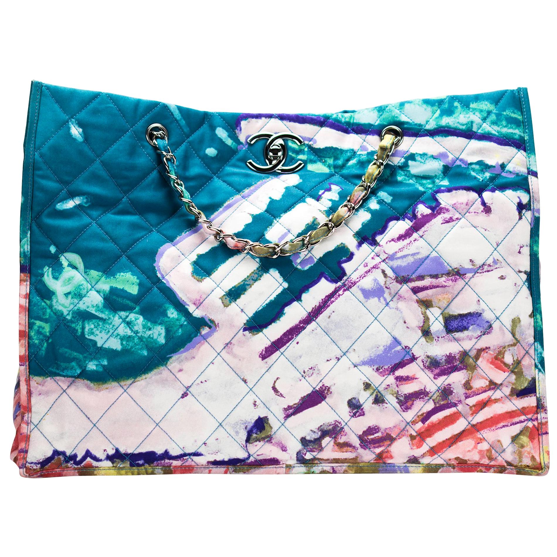 Chanel Graffiti Watercolor Limited Edition Tote Turquoise Nylon Beach Bag