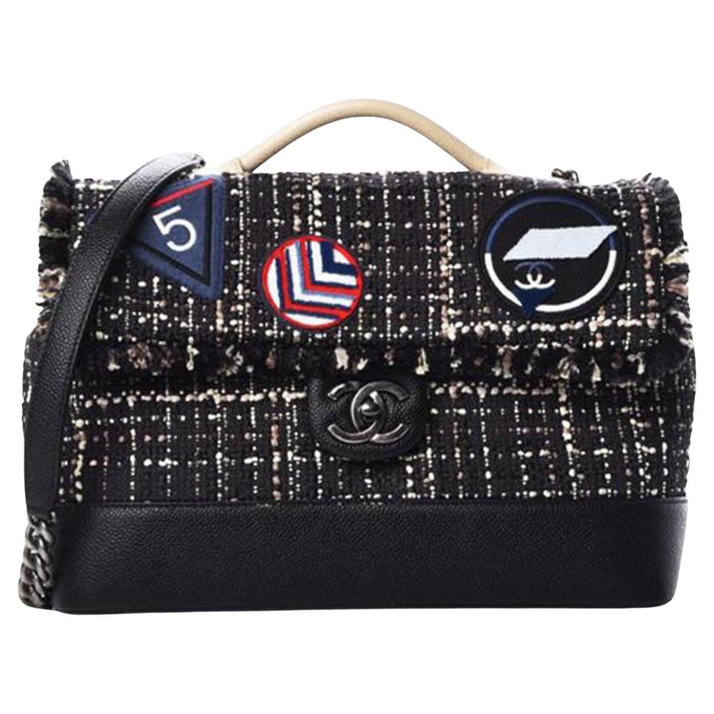 Chanel Grained Calfskin Tweed Crest Airline Runway Top Handle Flap Tote