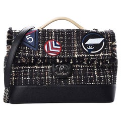 Chanel Grained Calfskin Tweed Crest Airline Runway Top Handle Flap Tote