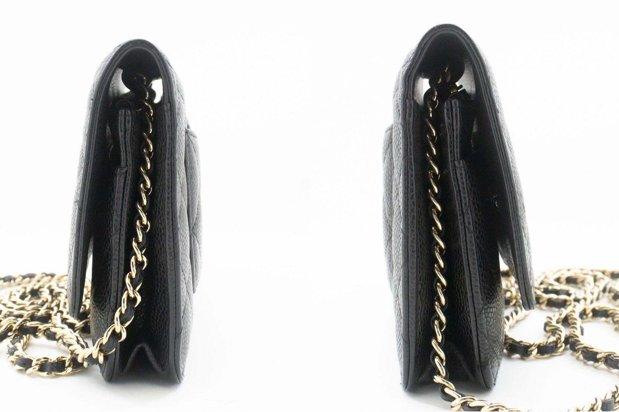 CHANEL Portefeuille WOC en cuir de veau grainé sur chaîne Sac à bandoulière noir Pour femmes en vente