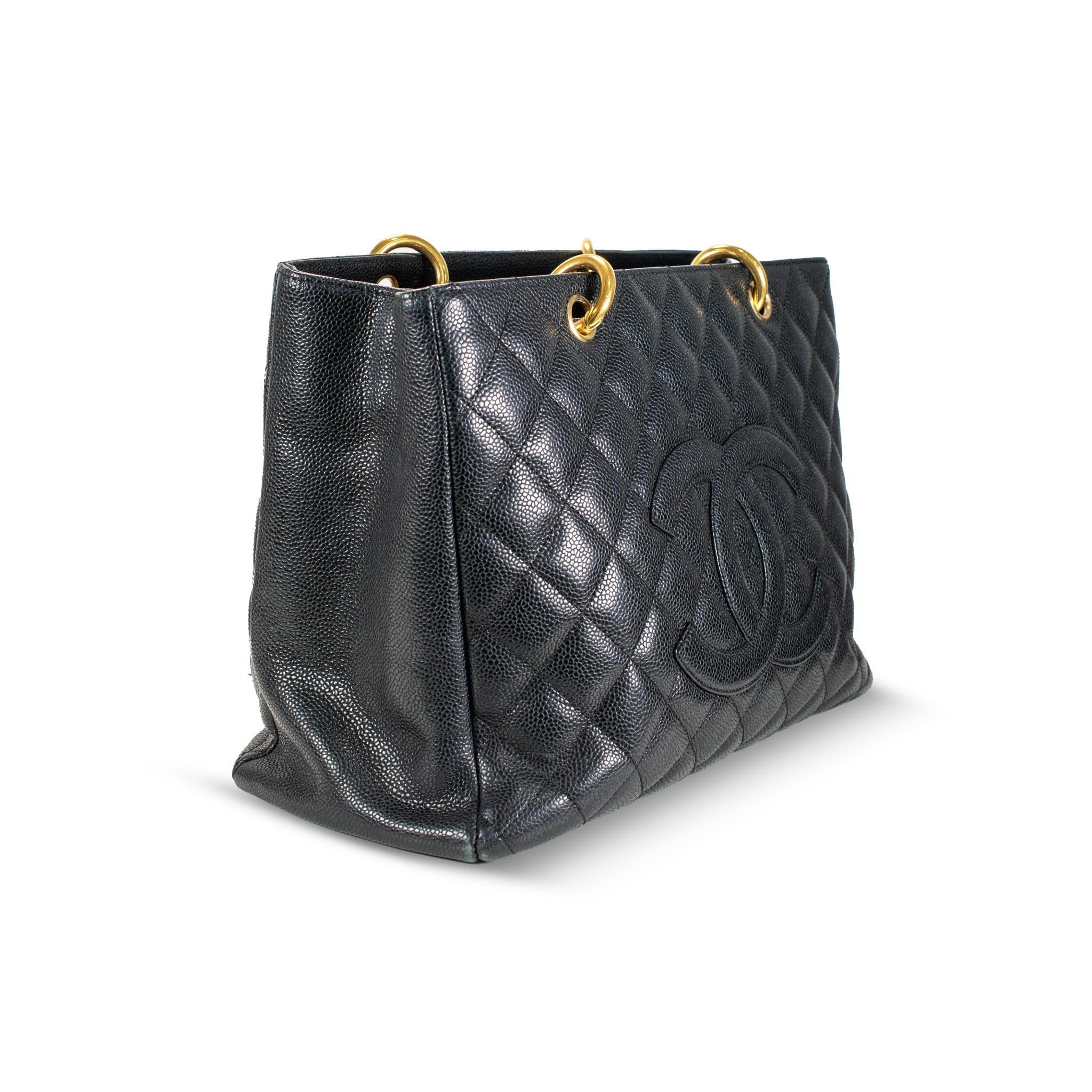 Chanel Grand Shopping Gst Schwarz Kaviar Gesteppt Muster Leder Handtasche Damen im Angebot