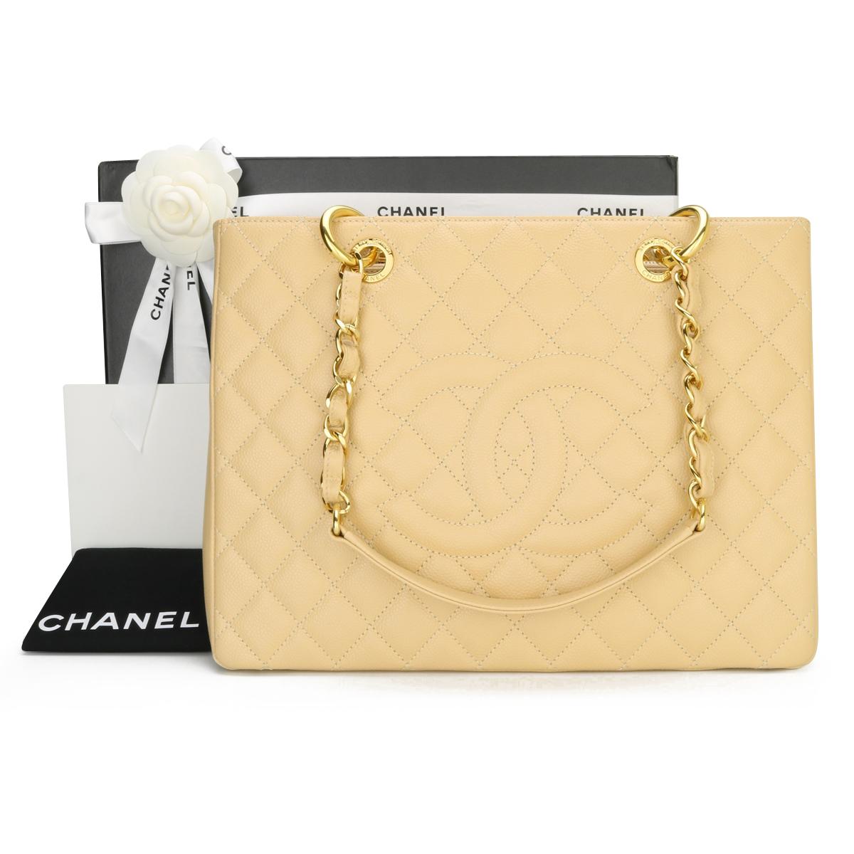 CHANEL Grand Shopping Tote (GST) Beige Caviar with Gold Hardware 2012.

This bag is in pristine condition, the bag still holds its original shape, and the hardware is still very shiny.

As Chanel has discontinued the Grand Shopping Tote (GST), it is