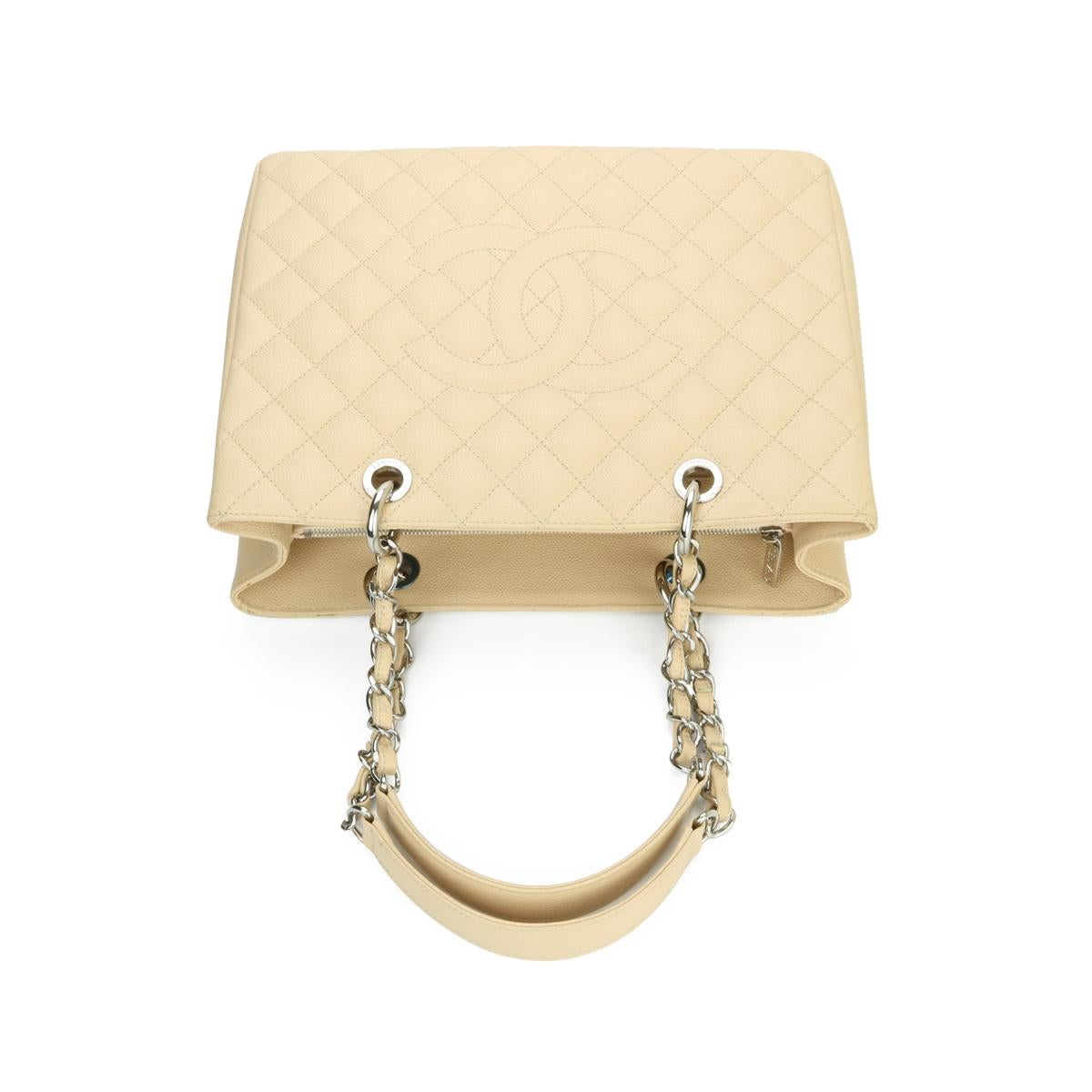 CHANEL Grand Shopping Tote (GST) Bag Beige Caviar with Silver Hardware 2013 For Sale 7