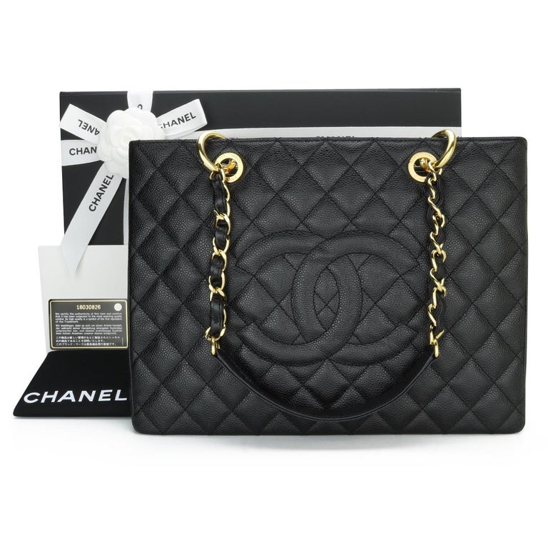 CHANEL Grand Shopping Tote GST Chain Hand Tote Bag Beige Caviar 56390