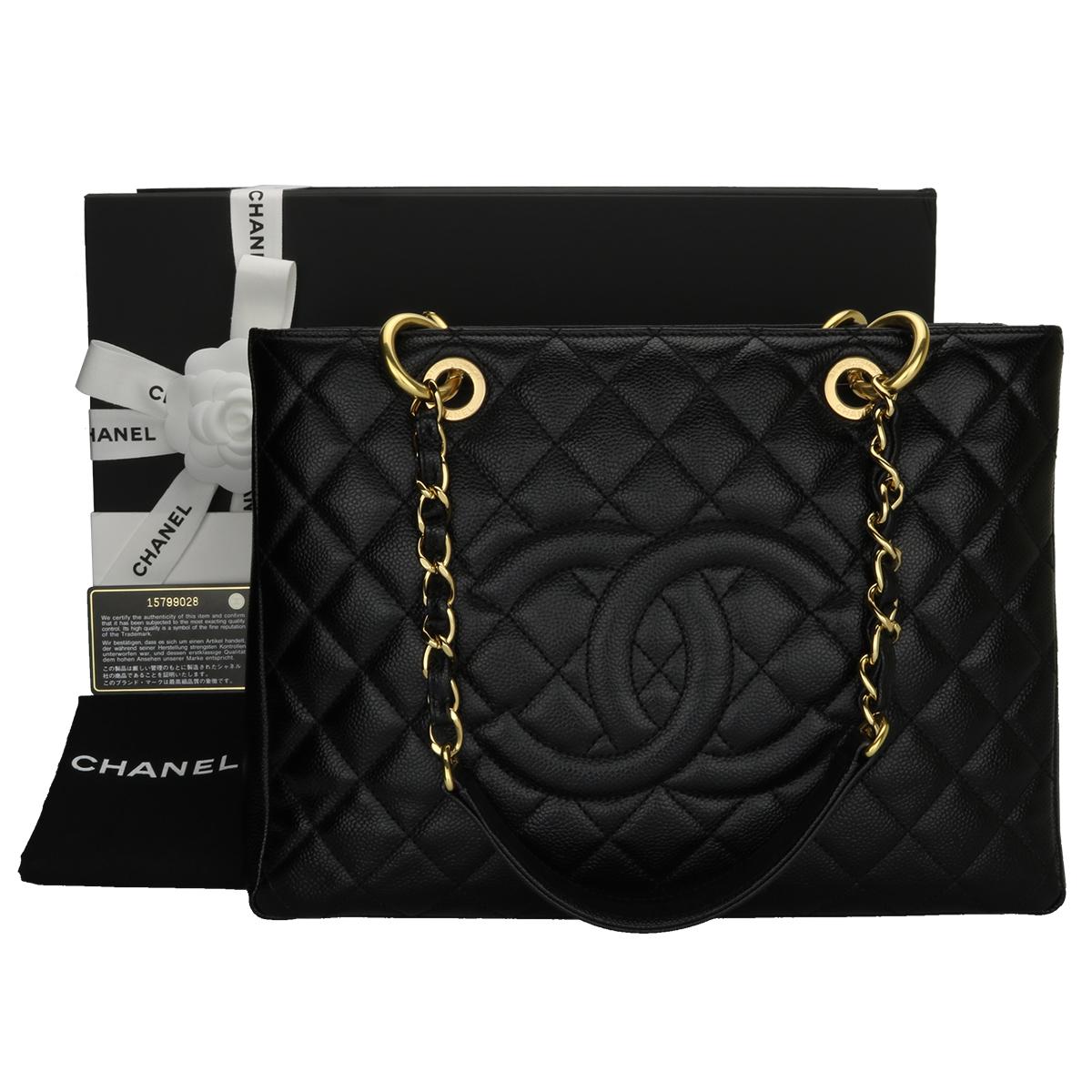 CHANEL Grand Shopping Tote (GST) Black Caviar with Gold Hardware 2012.

This bag is in excellent condition, the bag still holds its shape well, and the hardware is still shiny.

Exterior Condition: Mint condition, corners show no visible signs of