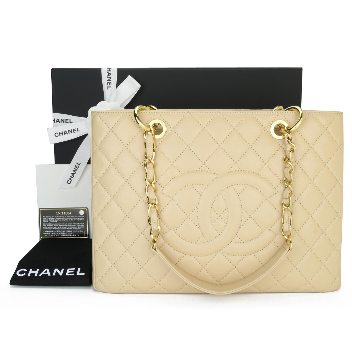 CHANEL Grand Shopping Tote (GST) Beige Caviar with Gold Hardware 2011.

This bag is in excellent condition, the bag still holds its original shape, and the hardware is still very shiny.

As Chanel has discontinued the Grand Shopping Tote (GST), it