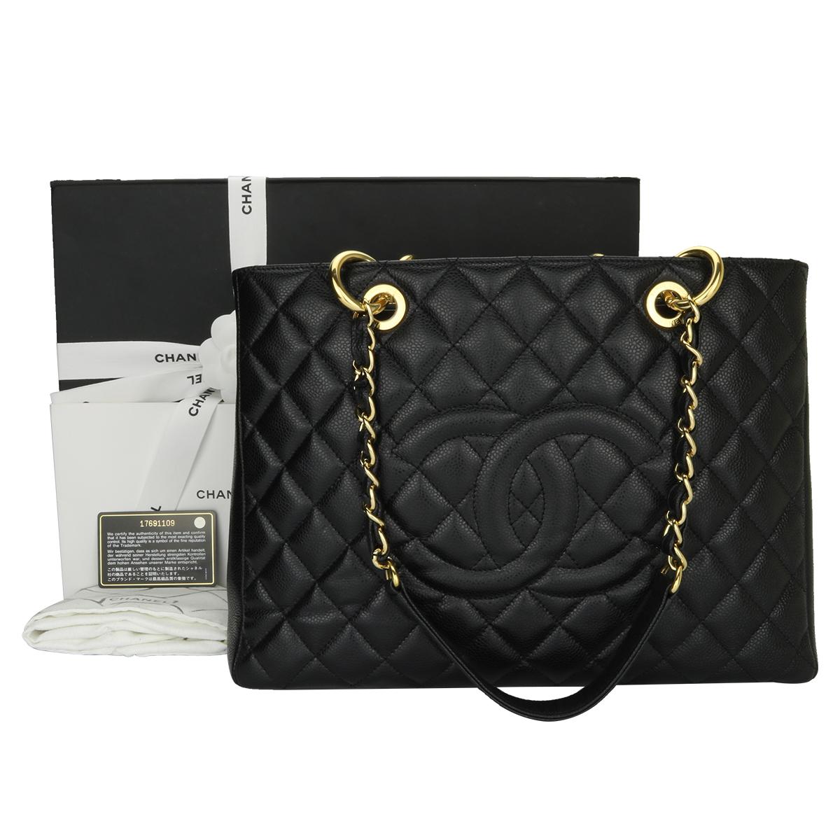 Authentic CHANEL Grand Shopping Tote (GST) Black Caviar with Gold Hardware 2013.

This bag is in excellent condition, the bag still holds its shape really well, and the hardware is still shiny.

Exterior Condition: Excellent condition, corners show