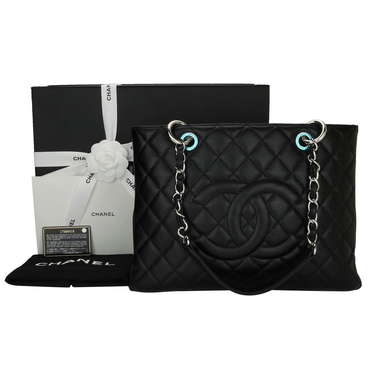 Authentic CHANEL Grand Shopping Tote (GST) Black Caviar with Silver Hardware 2013.

This bag is in mint condition, the bag still holds its shape very well, and the hardware is still shiny.

Exterior Condition: Mint condition, corners show no visible