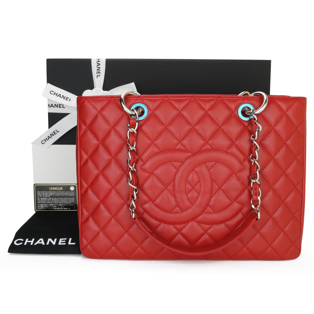 CHANEL Grand Shopping Tote (GST) Red Caviar with Silver Hardware 2011.

This bag is in excellent condition, the bag still holds its original shape, and the hardware is still very shiny.
As Chanel has discontinued the Grand Shopping Tote (GST), it is