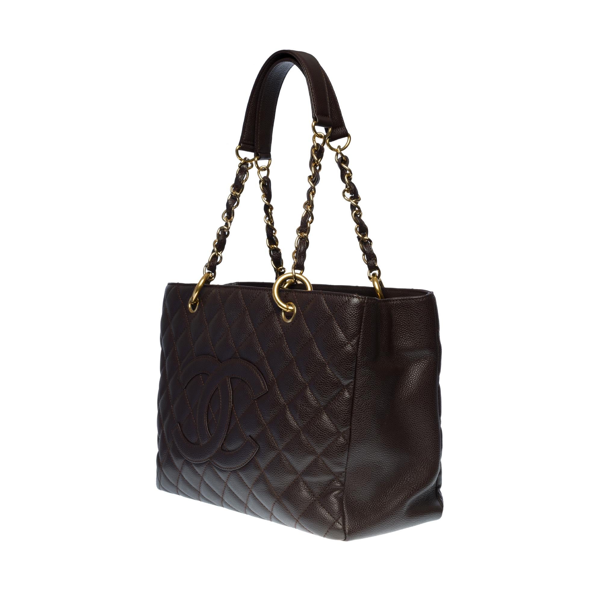 Black Chanel Grand Shopping Tote in brown quilted caviar leather with gold hardware