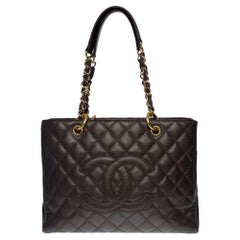 Chanel Grand Shopping Tote in brown quilted caviar leather with gold hardware