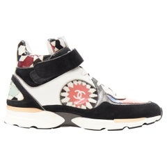 CHANEL graphic floral print black suede leather padded high top sneaker EU41