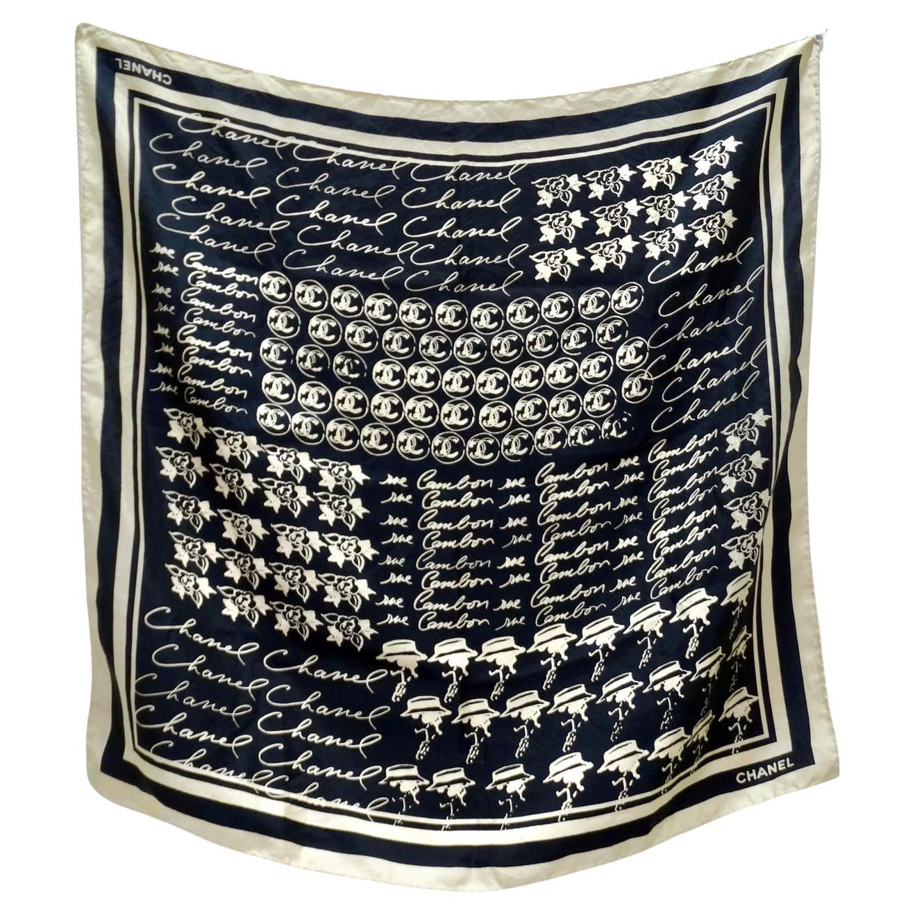 Chanel Graphic Iconic Inscriptions Silk Scarf For Sale at 1stDibs