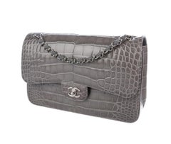 Chanel Gray Alligator Exotic Leather Silver Large Evening Shoulder Flap Bag