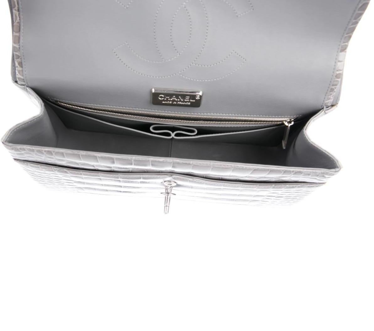 Chanel Gray Alligator Exotic Leather Silver Large Evening Shoulder Flap Bag In Good Condition In Chicago, IL