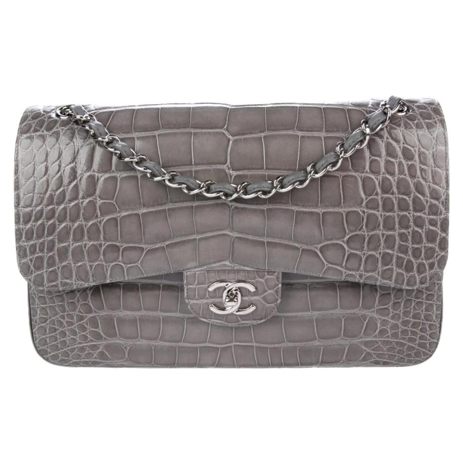 Chanel Gray Alligator Exotic Leather Silver Large Evening Shoulder Flap Bag