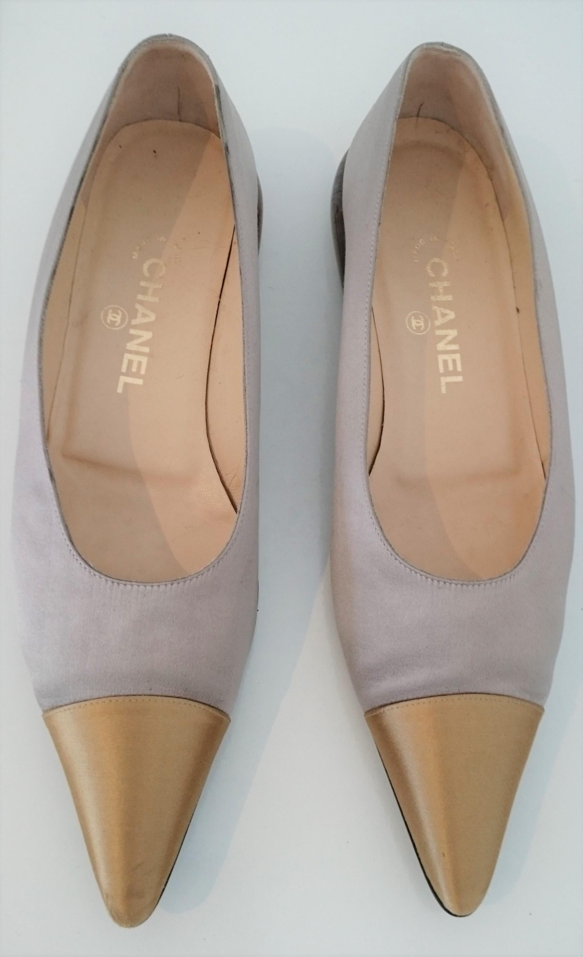 Brown Chanel Gray and Gold pointed ballet flats with transparent heels. Size 40 1/2 For Sale